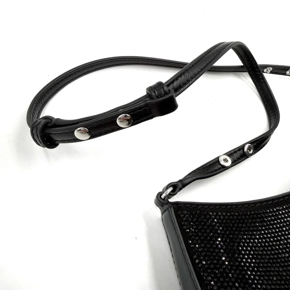 Tory Burch Emerson Crystal Embellished Shoulder Bag Black Leather Rhinestone